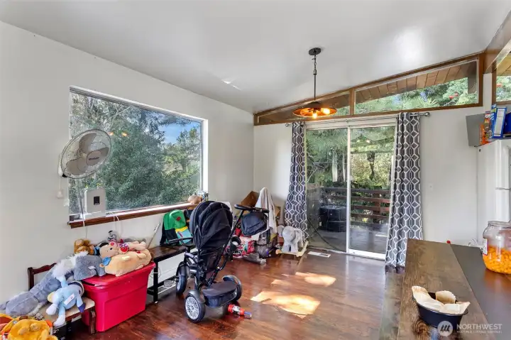 Sliding glass door out to elevated deck