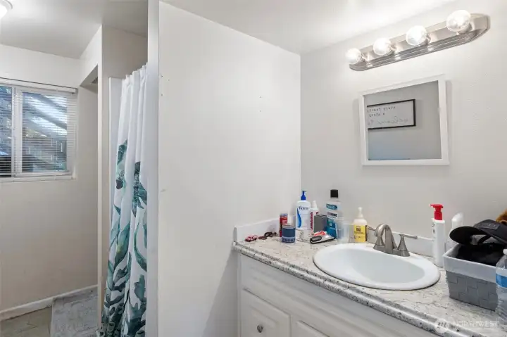 Downstairs bathroom with updated cabinets and paint