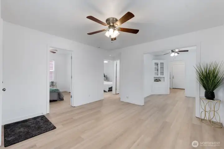 Living room. Bed 1 on the left, Bed2 in the middle, dining room to the right