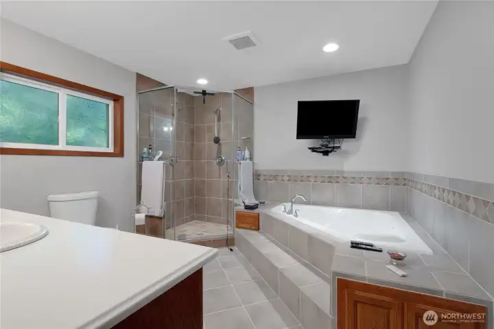 Remodeled Primary Bathroom with seperate shwoer and jetted tub.  Can even watch tv while you relax.