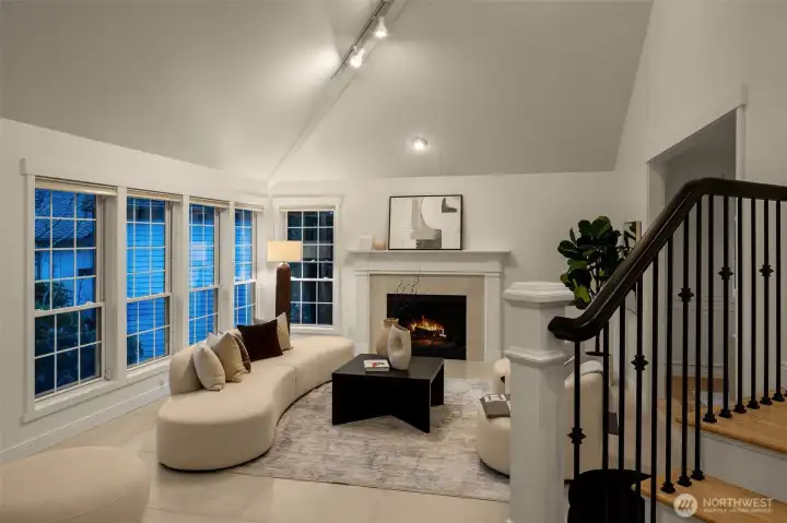 Formal living room with non slip porcelain tile is an elegant gathering space
