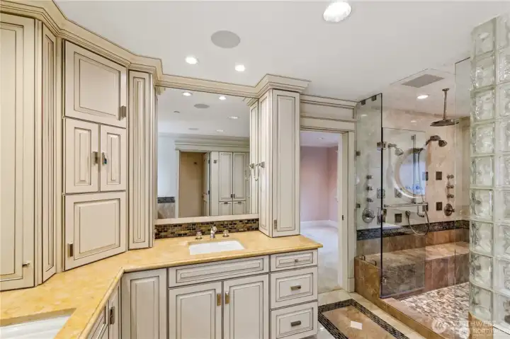 The Designer of this bathroom called the shower the "Water Station"...its a soothing therapeutic massage everytime not to mention the heated bench seat for comfort.