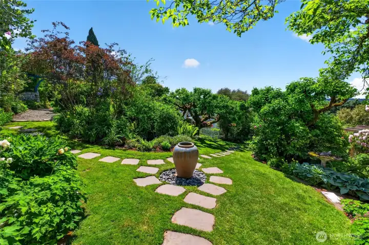 Outside gardens meandering down the hillside.