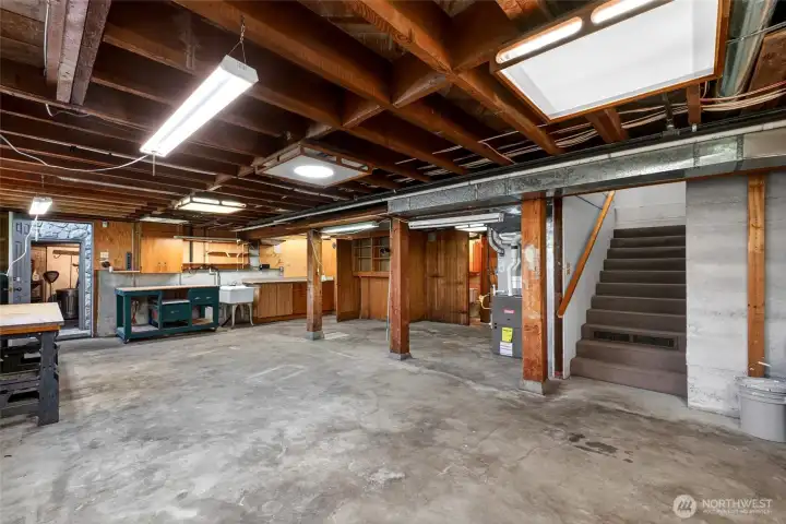 Basement with door to the outside and toilet - opportunities to remodel into an ADU or finished bedroom/movie room. Windows on the other wall.