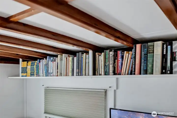 Box beam ceilings and bookshelves.