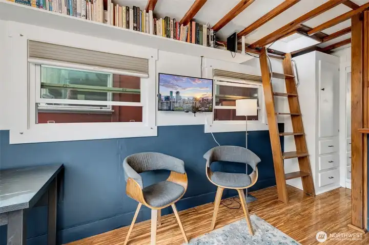 Step ladder leads to the bedroom.