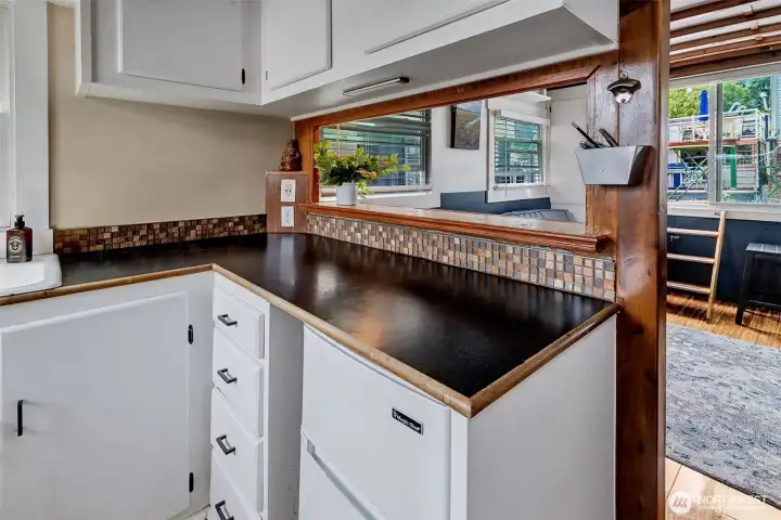 Kitchen counter and pass through to the countertop and living room.