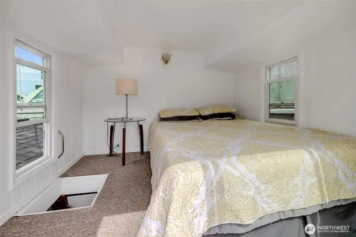 Bedroom can be accessed from the interior hatch above the ladder steps or from the upper deck.