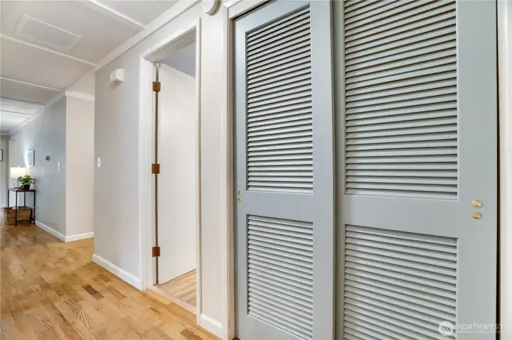 Storage is a recurring theme throughout the home, and this large hallway closet provides even more room to stay organized. Storage is a recurring theme throughout the home, and this large hallway closet provides even more room to stay organized.