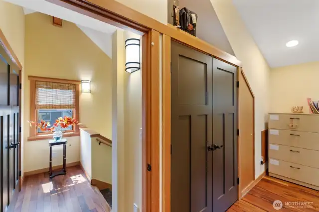 Top floor landing with walk-in closet on the left and another closet to the right