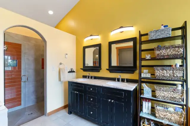 Primary bathroom, large walk-in shower, tile floor with separate heat zone