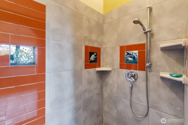 Large tile bathroom shower.