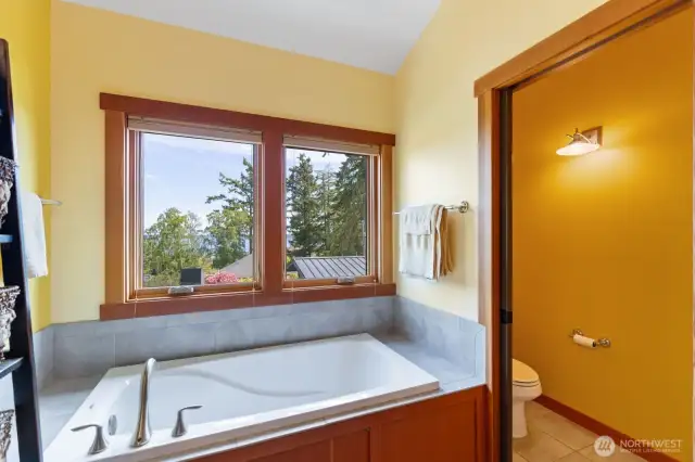 Bathtub and private toilet area.