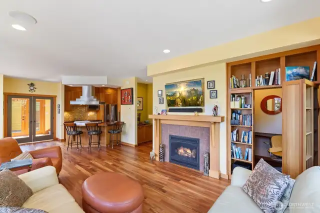 Notice the book shelf opens to a hidden office with a window.