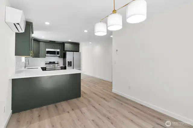 View from the sliding glass door into the dining room and kitchen.