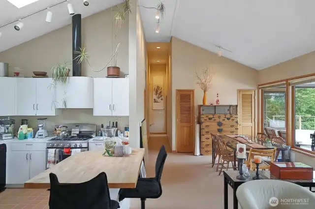 Another view of the vaulted ceilings and skylight in the kitchen.