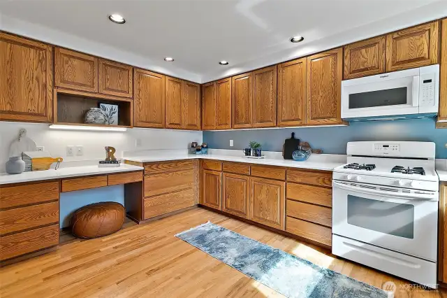 Work area and large walk-in pantry increase the efficiency of this hub of the home.