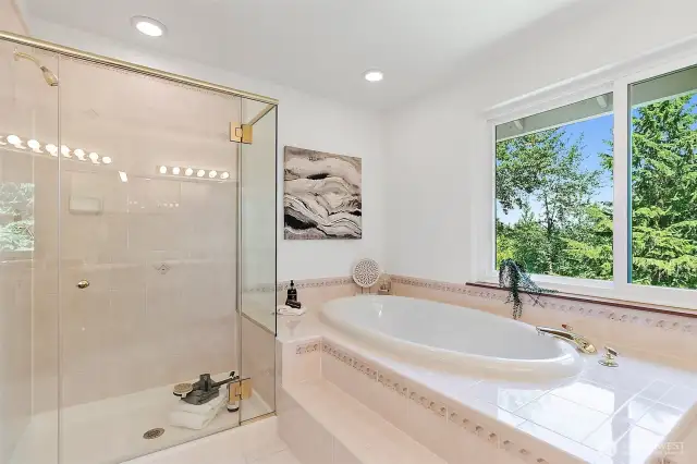 Primary bathrooms is complete with a full shower and luxurious soaking tub