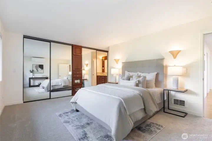 Large primary suite, with dual closets, built in storage, and territorial view