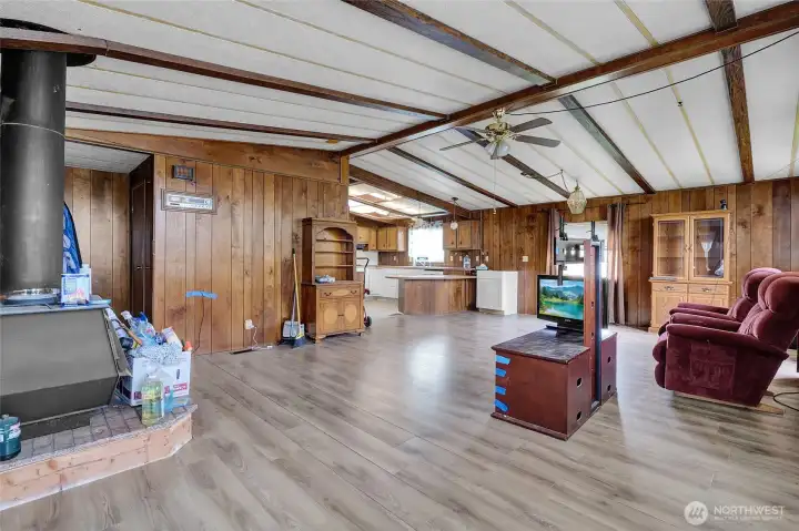 Living room flows to the kitchen