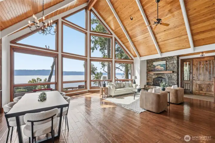 Floor-to-Ceiling glass, soaring wood ceiling, Hood Canal Beyond.