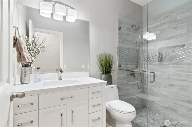 Mail Level Powder room with tiled shower for guests (if needed)