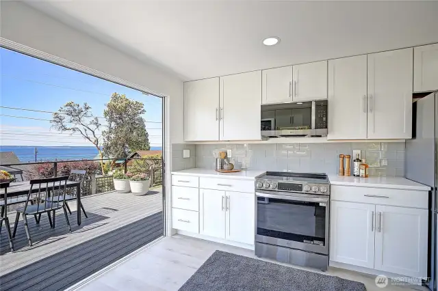 Modern gally kitchen with floor to ceiling glass door open.