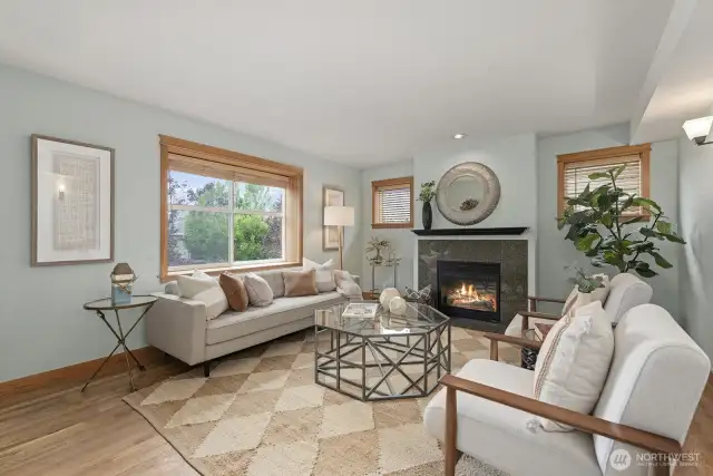 You're going to love how spacious the living room is. Hardwood floors, gas fireplace, big window with sill for your plants.