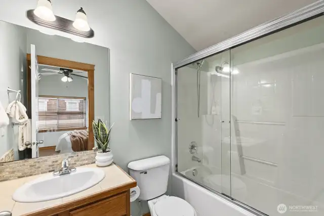 A full bathroom with skylight here.