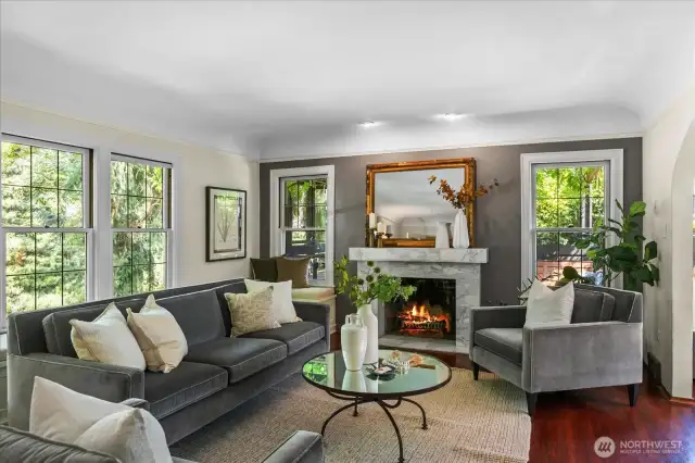 Living room with wood burning fireplace