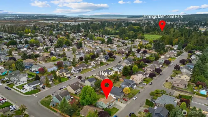 Aerial shot showing the home & Jennings Memorial Park.