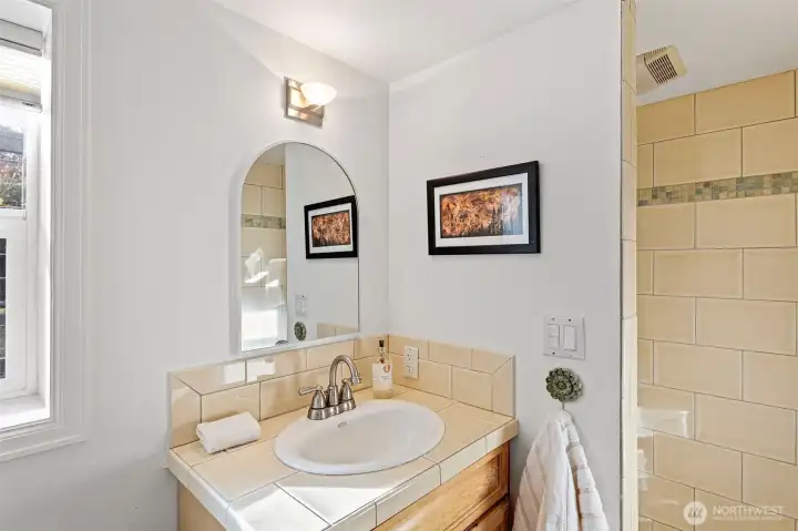 Lower level bathroom with walk-in tiled shower.