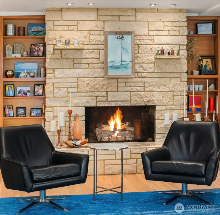 The Incredible fossil stone fireplace is very striking