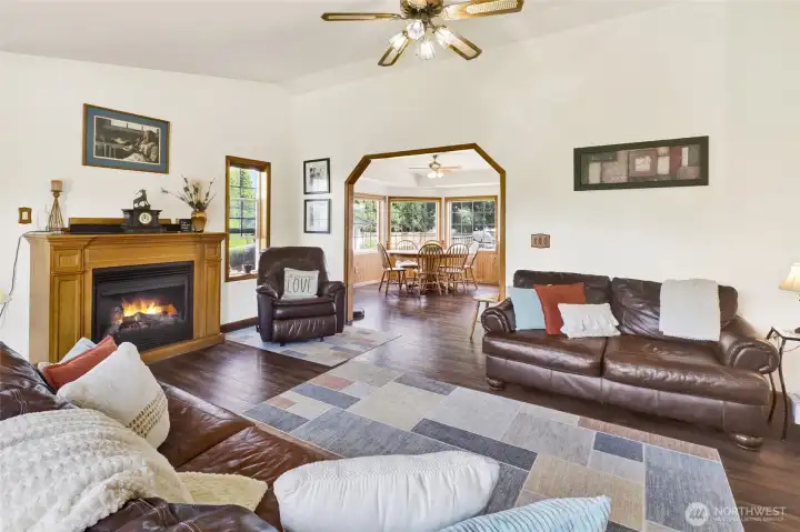 The living room features the first of 3 gas fireplaces!