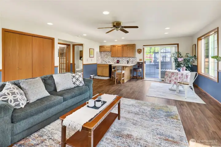 A slider accesses the backyard patio.