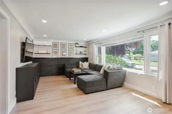 Living room with ductless heat pump