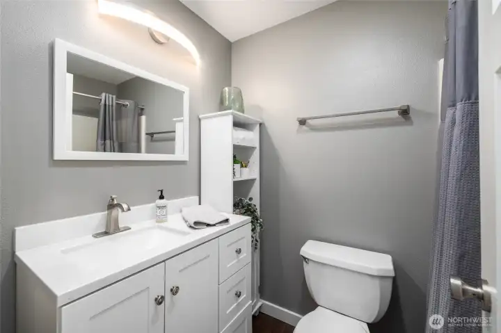 Full guest bathroom, with quartz counter, extra storage.