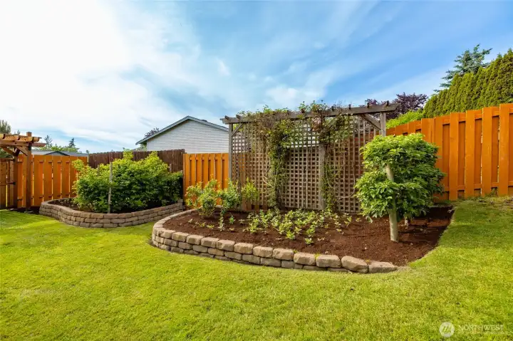 Raised garden beds include fruit trees.