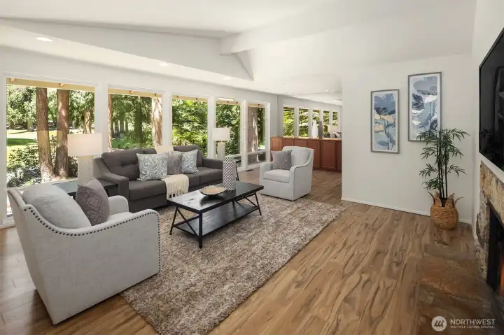 Vaulted ceilings add volume and architectural interest.