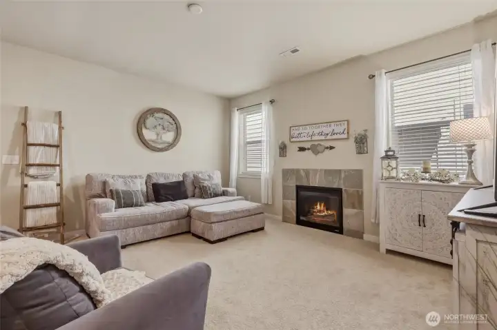 Gas fireplace with flush wall design means it doesn't take up space but provides a cozy ambiance.