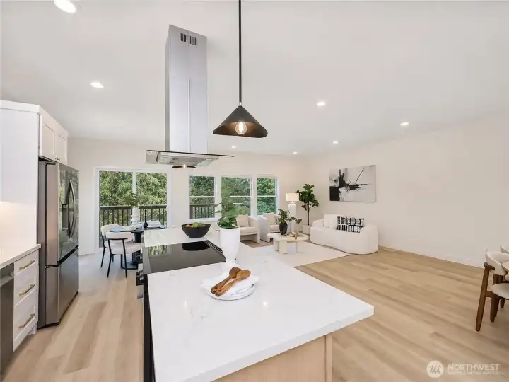 Open concept living. Microwave drawer in island. Open concept living. Microwave drawer in island.