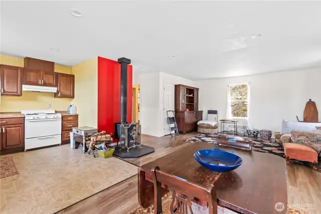 main living space with wood stove