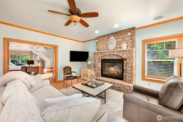 Gas burning fireplace.