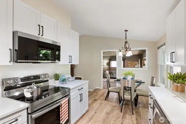 Offering beautiful new appliances, quartz counters, and top-notch storage solutions, you'll be a happy cook here.
