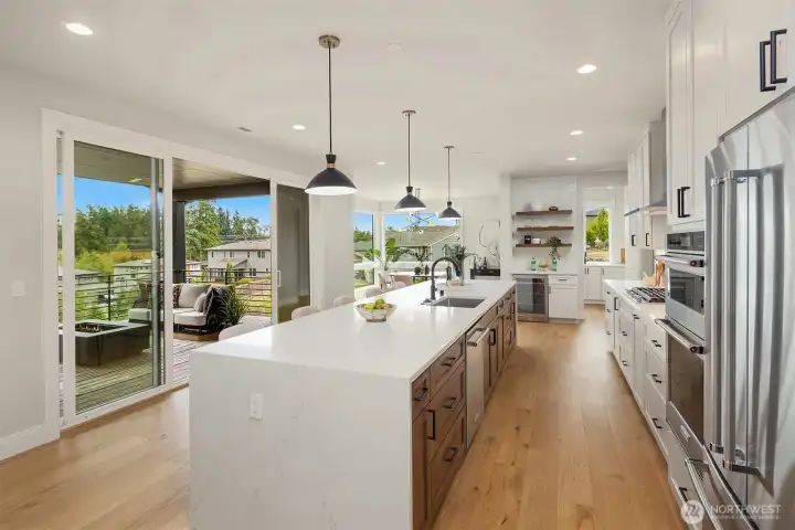 14 foot kitchen Island with 3cm slab quartz waterfall ends