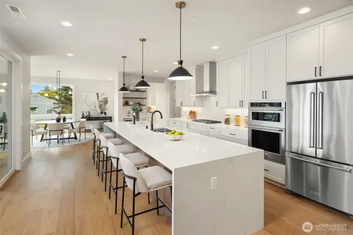 14 foot kitchen Island with 3cm slab quartz waterfall ends