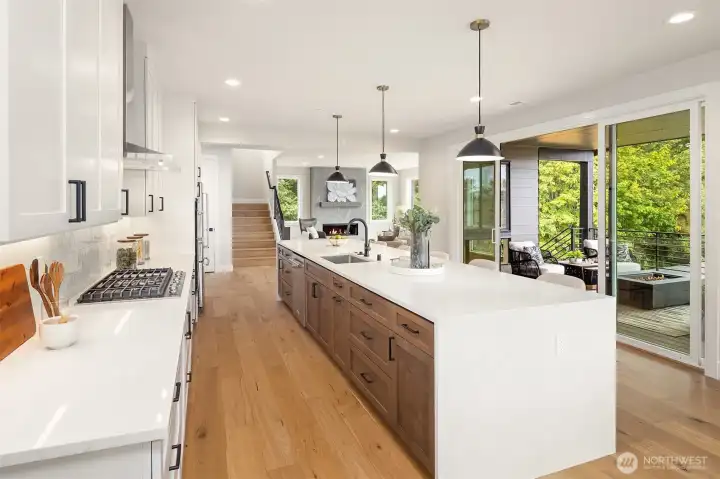 14 foot kitchen Island with 3cm slab quartz waterfall ends