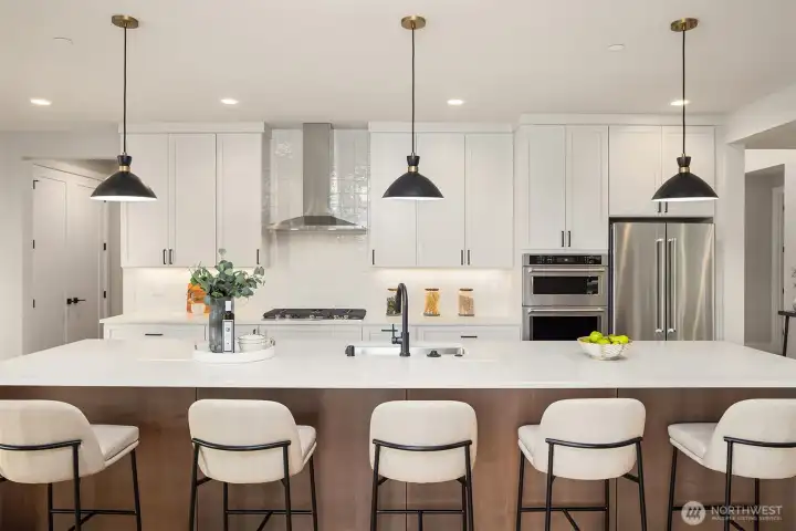 14 foot kitchen Island with 3cm slab quartz waterfall ends