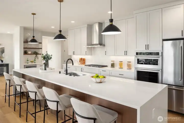 14 foot kitchen Island with 3cm slab quartz waterfall ends