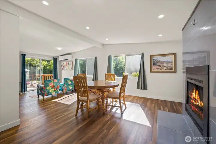 Vaulted ceilings upon entering with wood firepalce.